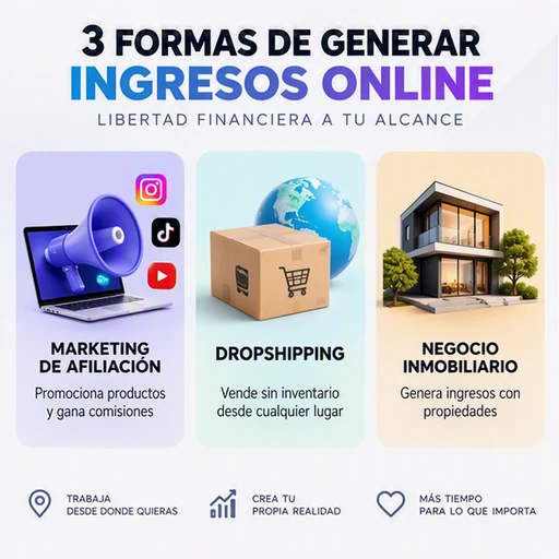 Tres formas de generar ingresos online mediante marketing de afiliación, dropshipping y negocio inmobiliario